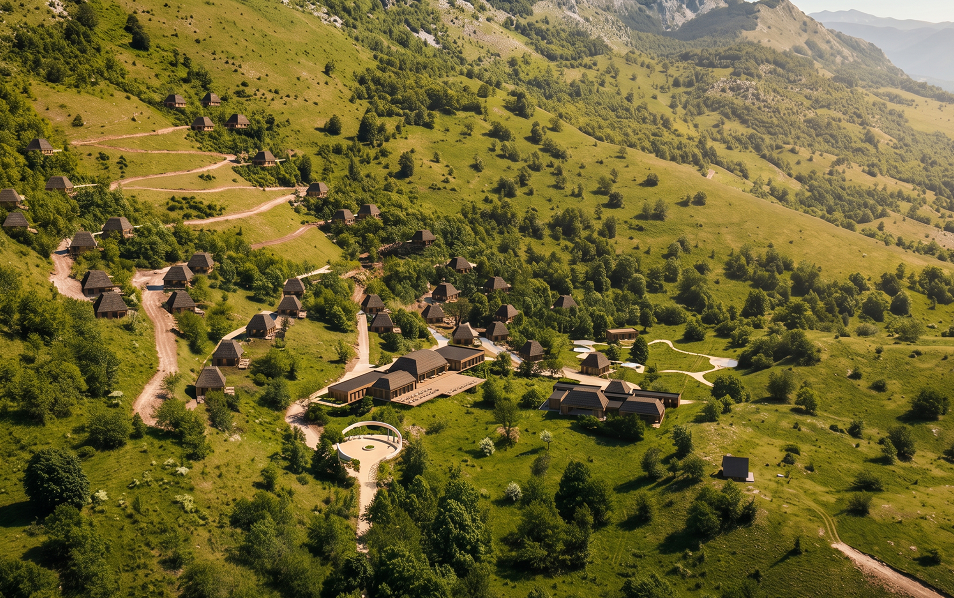 Aerial view of SereneScape — private residences across a lush mountain hillside